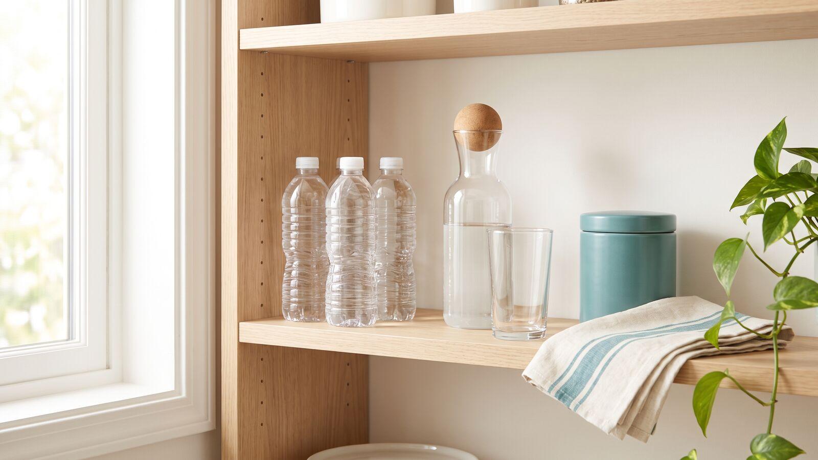 Botellas de agua selladas, una jarra de vidrio y un vaso limpio en un estante de despensa de roble claro junto a una ventana soleada