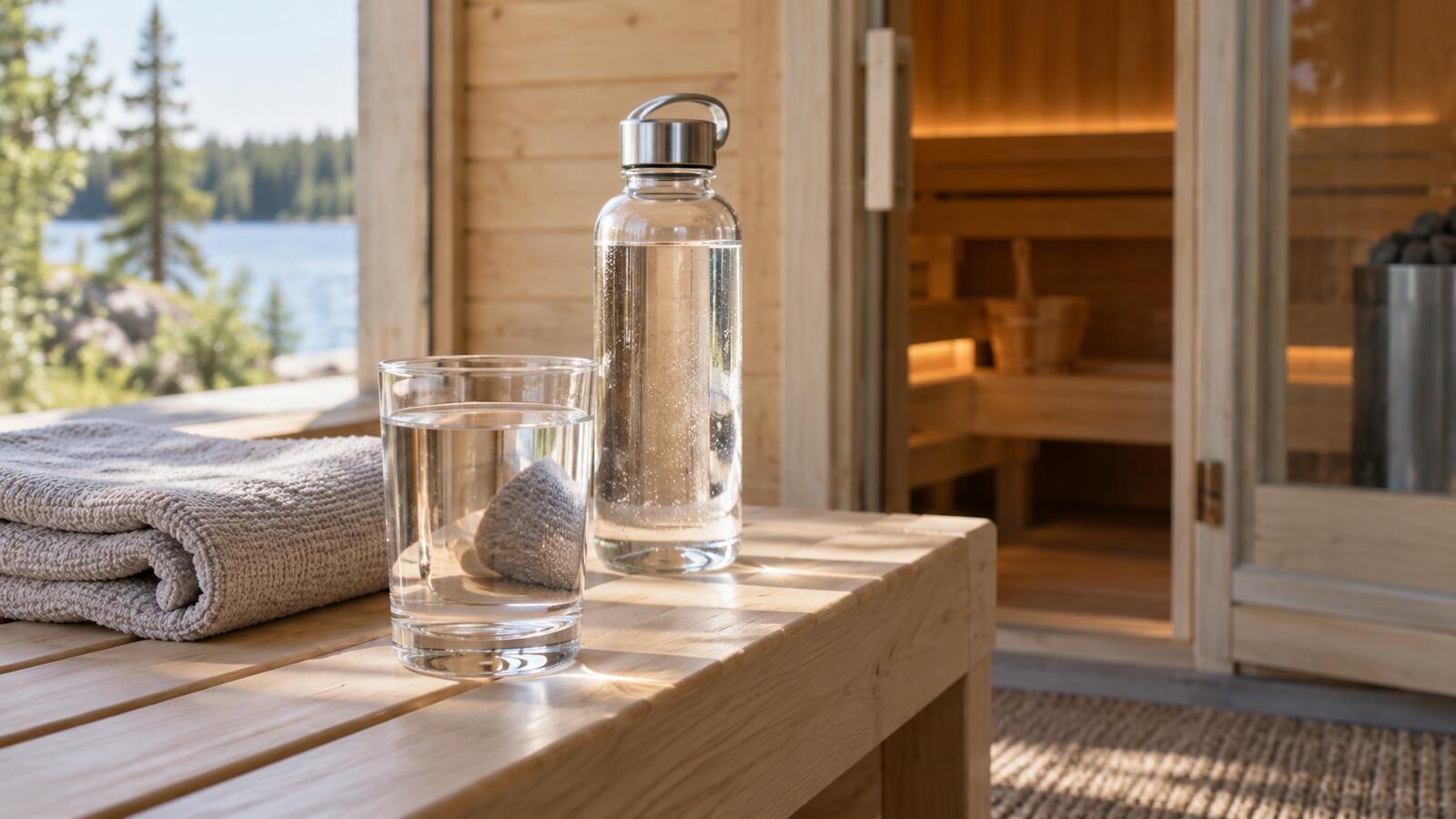 Vaso de agua junto a un banco de sauna, listo para una pausa de enfriamiento