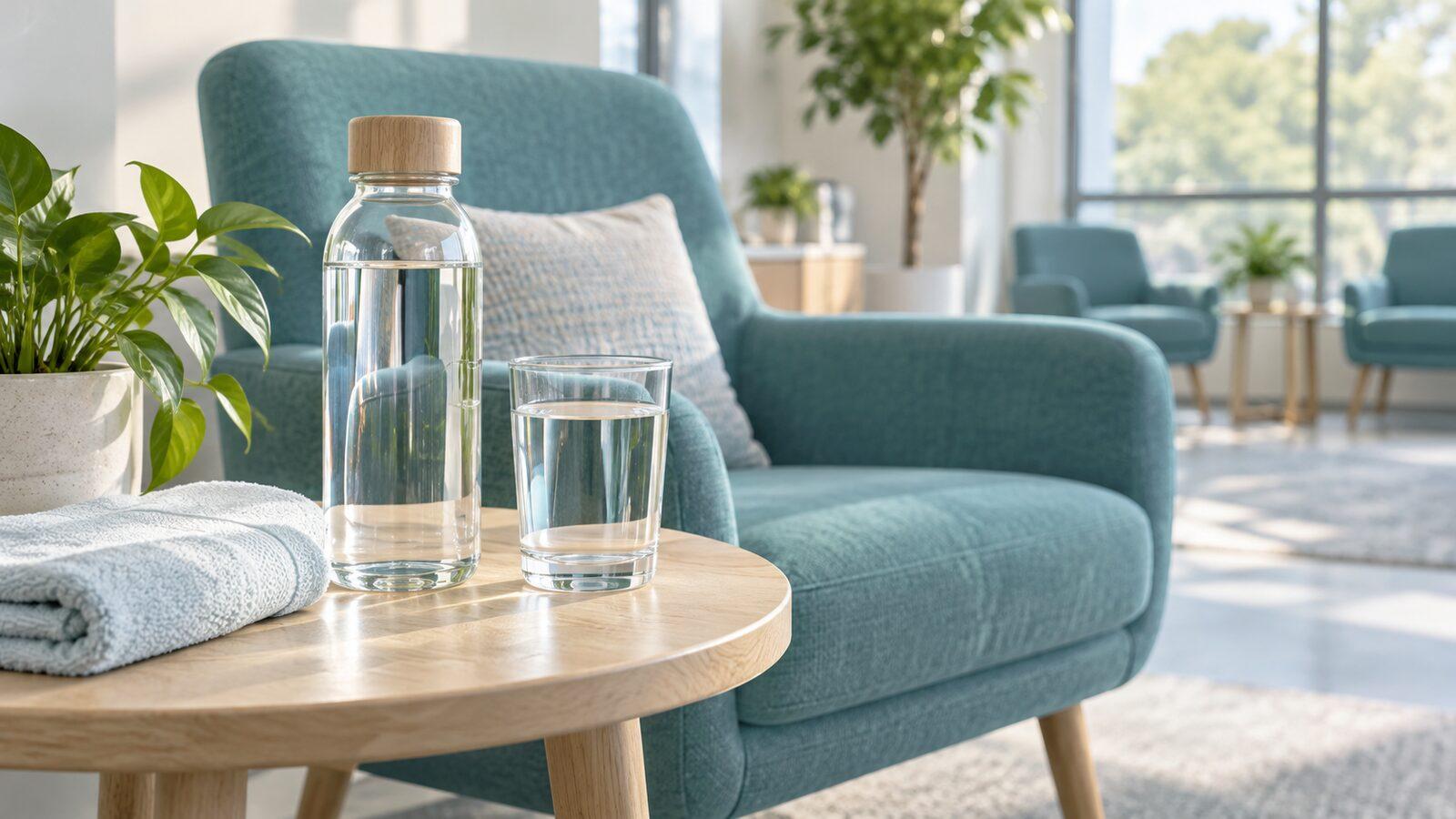 Glas Wasser und Terminkarte für eine bevorstehende Blutspende