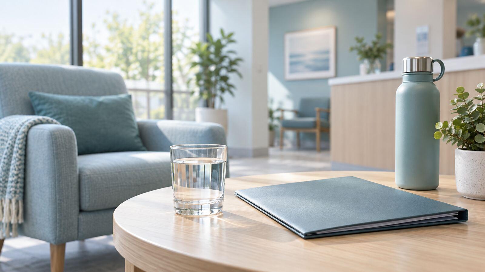 Wasserglas neben einer Terminkarte für Ultraschall